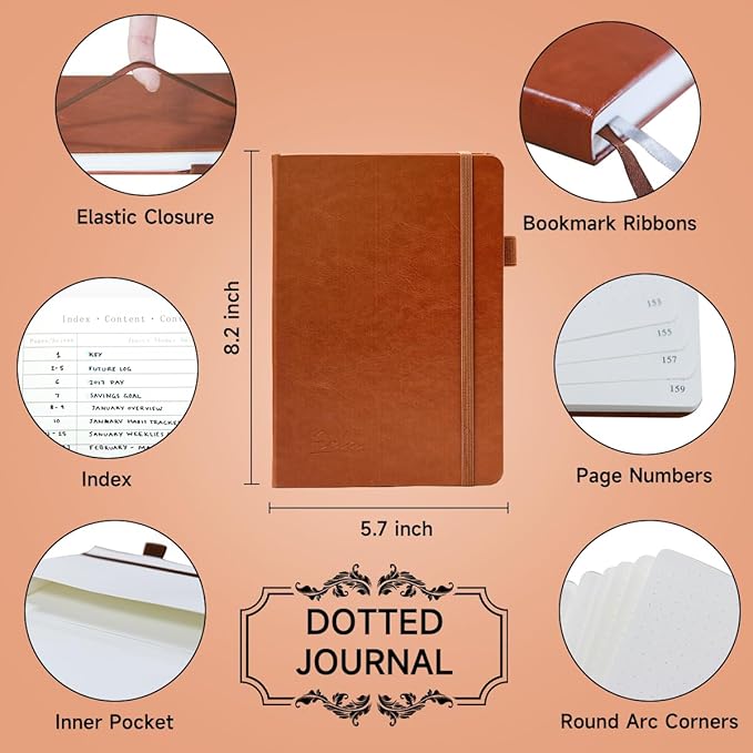 feela Dotted Journal Kit, Dot Grid Journal Hardcover Planner Notebook Set For Beginners Women Girls Note Taking with Journaling Supplies Stencils Stickers Pens Accessories, A5, 224 Pages, Brown