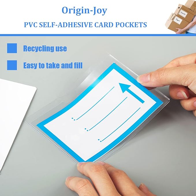 Origin-Joy 25 PCS Self-Adhesive Index Label Pockets, Clear Plastic Peel & Stick Card Holders with Top Open for Loading (4 x 3.5 inch)