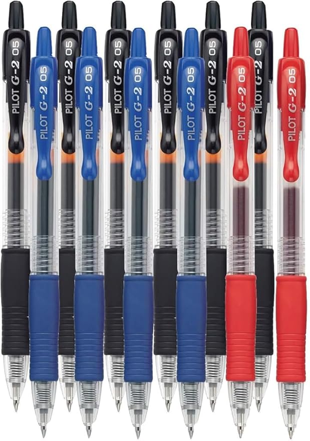 G2 Retractable Premium Gel Ink Roller Ball Pens Extra Fine Point (.5mm) Black/Blue/Red Ink 12 pack; Refillable & Premium Comfort Grip Bundle with Plastic Reusable Pouch