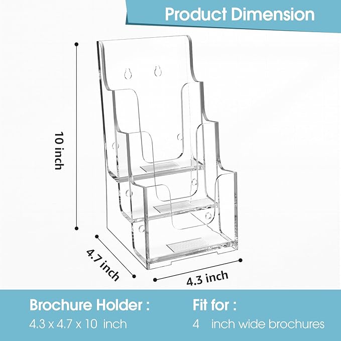 MaxGear Acrylic Brochure Holder, 4-Inch Wide 3 Tier Brochure Display Stand Clear Literature Holder Premium Acrylic Pamphlet Holder Multi Pocket, Wall Mount or Counter Top Use(6 Pack)