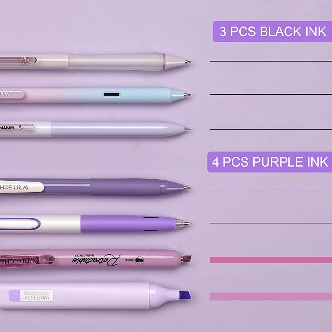 WRITECH Gel Pens Journaling Highlighters: Journal Set Aesthetic Assorted Pastel Color Ink 0.5mm Fine Point Retractable 0.7mm Black Pen Smooth Writing Drawing No Bleed 7ct (Purple)
