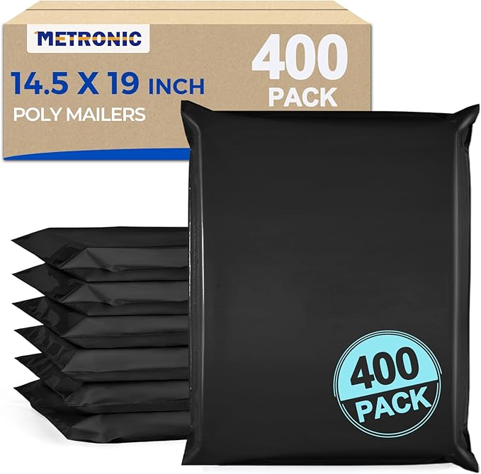 Metronic Poly Mailers 14.5x19 400 Pack Large Shipping Bags for Clothing Bulk,Self Adhesive Shipping Envelopes for Small Business,Waterproof Mailers Poly Bags for Shipping,Packaging Mailing Bags Black