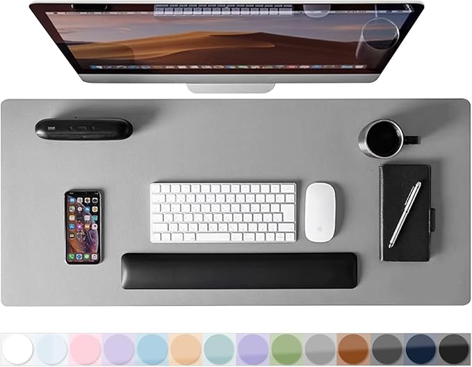 Leather Desk Pad Protector, Mouse Pad, Non-Slip Computer Mat for Desk, PU Leather Office Desk Mat for Home & Office, Waterproof Laptop Desk Blotter Pad for Keyboard and Mouse, Grey (13.7''X23.6'')