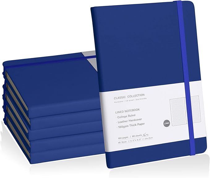 Lined Journal Notebook, 6Pack(Blue), 160 Pages, Medium 5.7 inches x 8 inches - 100 gsm Thick Paper, Hardcover