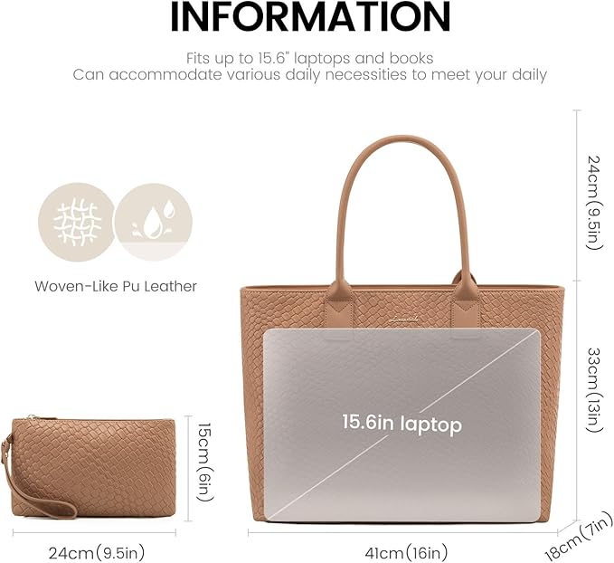 LOVEVOOK Laptop Purses and Handbags for Women, 15.6 Inch Computer Bag Work Tote Briefcase Satchel Handbags for Women with Small Clutch, Light Brown