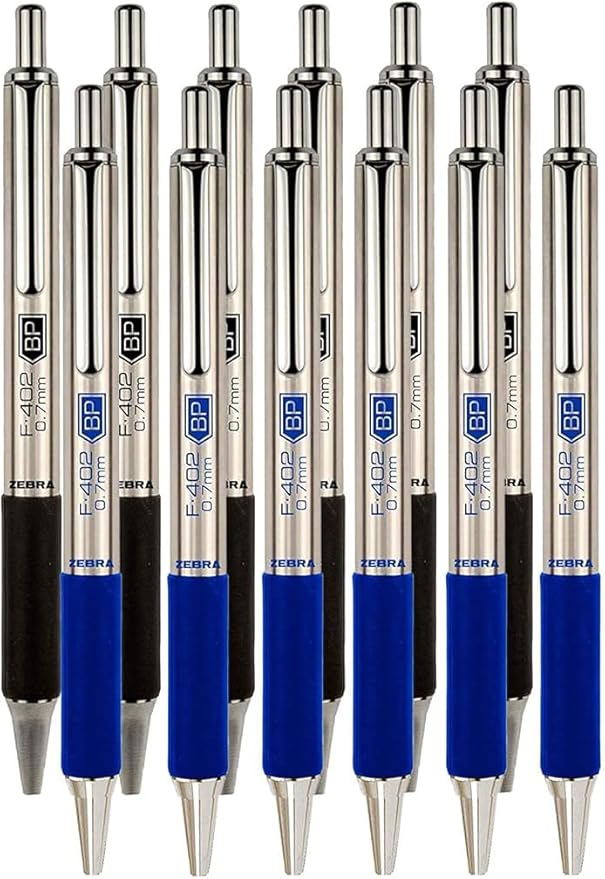 Zebra F-402 Ballpoint Stainless Steel Retractable Pen, Fine Point, 0.7mm, Black/Blue Ink, 12-Count Bundle with Plastic Reusable Pouch