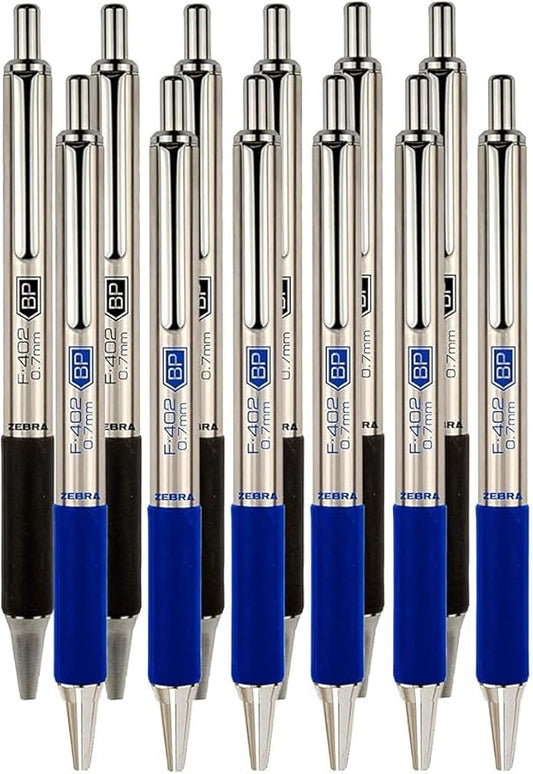 Zebra F-402 Ballpoint Stainless Steel Retractable Pen, Fine Point, 0.7mm, Black/Blue Ink, 12-Count Bundle with Plastic Reusable Pouch