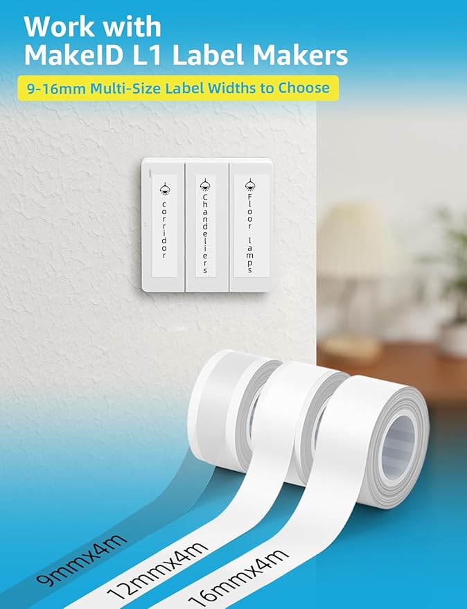 MakeID Label Maker Tape - 9mm Self-Adhesive Sticker Label Tape Refill Compatible with MakeID L1 Label Machine - Waterproof 6-Layer Laminated Film, Split-Back Design - 0.35"x13' (9mm x 4m)