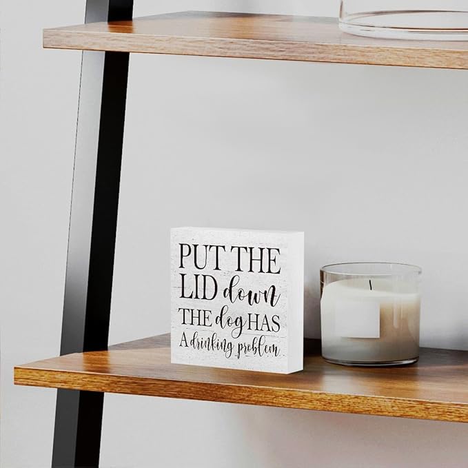 mmiishe Put the Lid Down the Dog Has a Drinking Problem Wooden Box Sign Decorative Funny Bathroom Wood Box Sign Home Decor Rustic Farmhouse Square Desk Decor Sign for Shelf 5 x 5 Inches