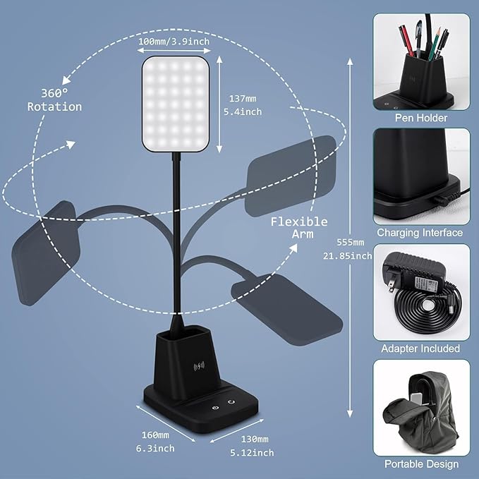 Sailstar Desk Lamp, LED Desk Lamps for Home Office, Wireless Charger Small Desk Lamp with Pen Holder, 3 Color Modes, Dimmable, CRI 85, 800LM, Study Lamps for College Dorm Room, Adapter Included, Black