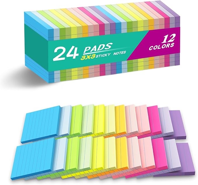 (24 Pads) Lined Sticky Notes 3x3 in Ruled Stickies Super Sticking Power Memo Pads Bright Colors