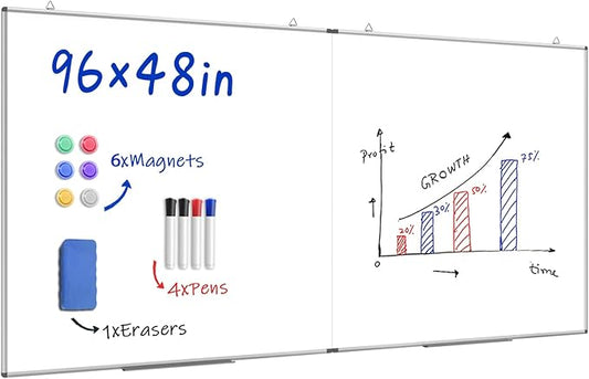 96"X 48" Large Magnetic Dry Erase Whiteboard, Removable Wall Hanging Board with 4 Pens & 1 Dry Erasers & 6 Magnets, Sliver Aluminum Frame White