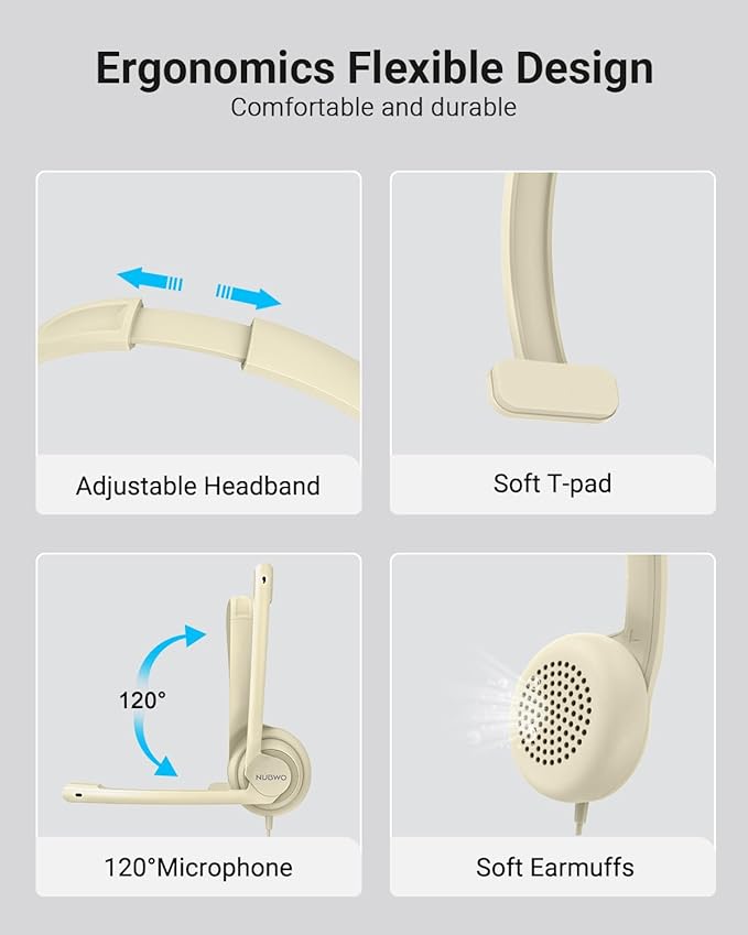 NUBWO HW02 USB Headset with Microphone Noise Cancelling &in-line Control, Ultra Comfort Computer Headset for Laptop pc, On-Ear Wired Office Call Center Headphone for Boom Skype Webinars (Apricot)