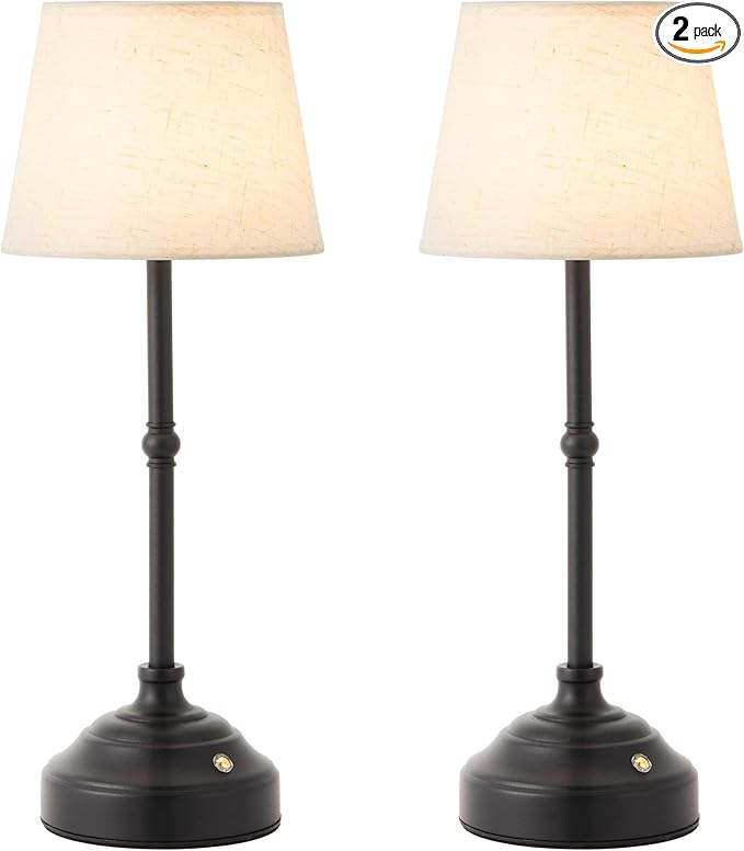 2 Pack Cordless Table Lamp, Rechargeable Desk Lamp with Fabric Shade, Battery Operated Lamp 3 Color Stepless Dimming, Small Touch Bedside Lamp Home Decor for Dining, Counter (Matte Black)