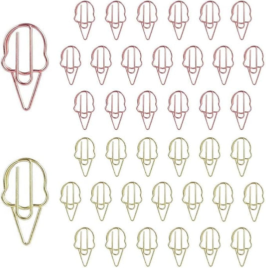 OWLFAVO 40pcs Ice Cream Shape Paper Clips with Clear Box, Rose Gold and Yellow Gold, Funny Cute Paperclips Bookmarks Planner Clips for Fun Office Supplies School Gifts Wedding Decoration