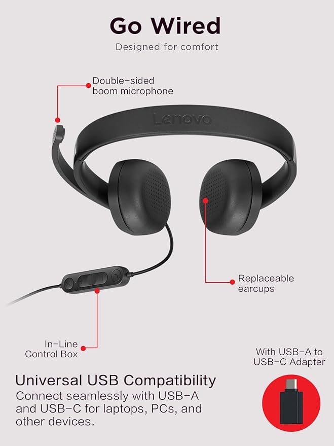Lenovo 115 USB-A/USB-C Wired Stereo Headset – Lightweight, Noise-Cancelling, in-Line Control Box, USB-A to USB-C Adapter, Over-Ear Design, Headset with Mic for PC and Laptop, Black