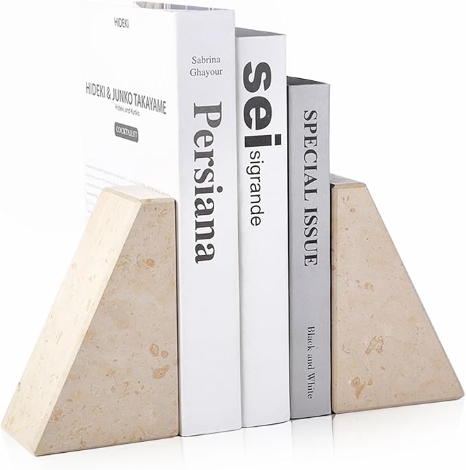 Marble Bookends for Heavy Books, Decorative Book Ends for Shelves, Beige Stone Durable and Heavy-Duty Book Ends for Hardback Books & CDS, Unique Book Stopper & Holder, Set of 2