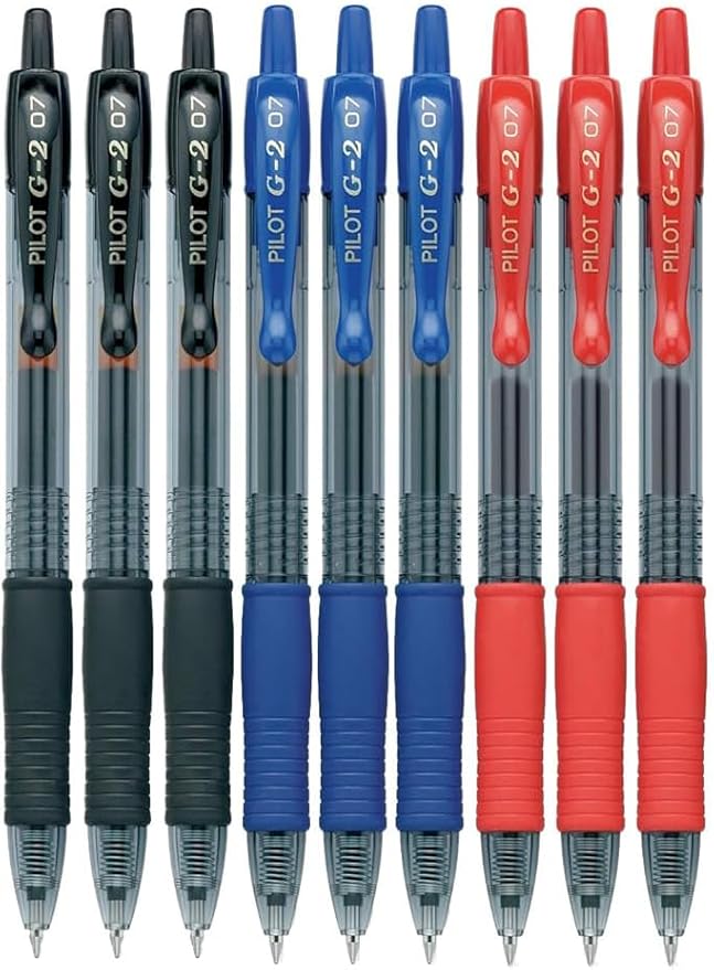 G2 Retractable Premium Gel Ink Roller Ball Pens Fine Point Fine Point (.7mm) Black/Blue/Red Ink 9-pk; Refillable & Premium Comfort Grip Bundle with Plastic Reusable Pouch