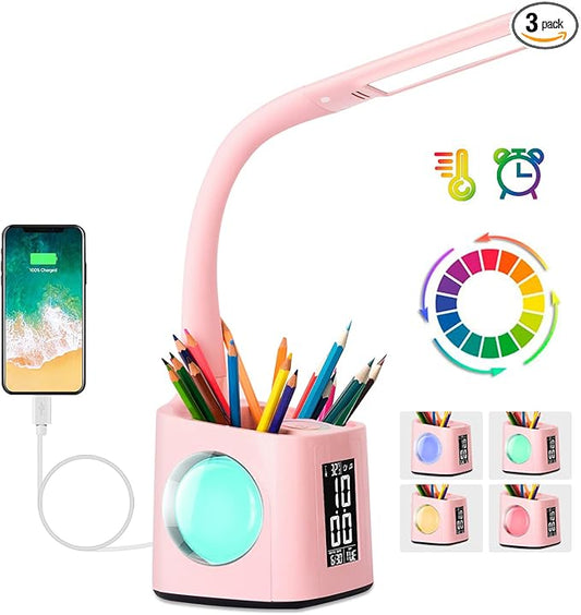 LED Desk Lamp with Clock,Color Changing Nightlight,Study Lamp with Pen Holder,Desk Light with USB Charger,Table Light for Home,Office,Bedroom,Gift for Kids,Students,Women,Pink
