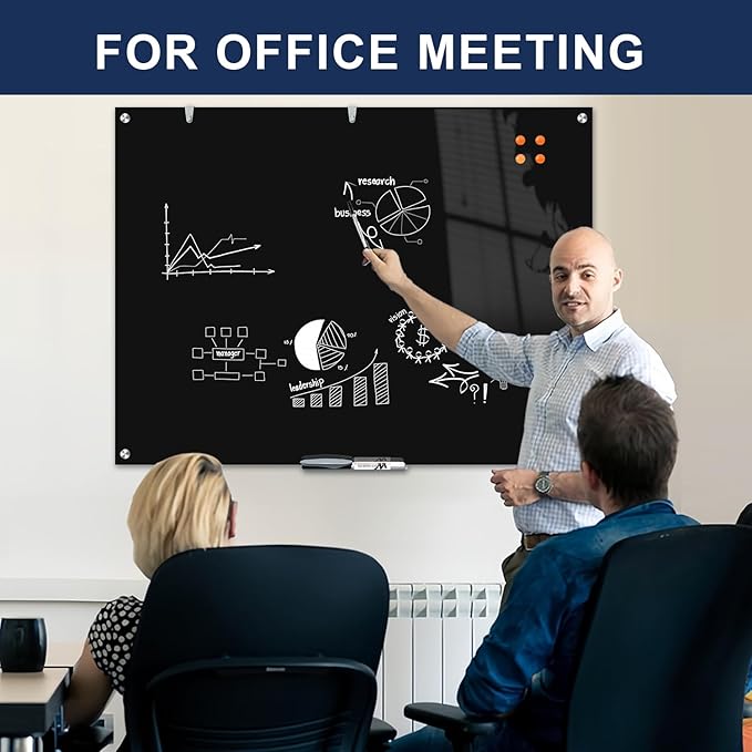 TSJ OFFICE Glass Dry-Erase Board - 48 x 30 Inches Wall Mounted Black Glass Magnetic Whiteboard, Large Frameless White Board for Office, Home & School