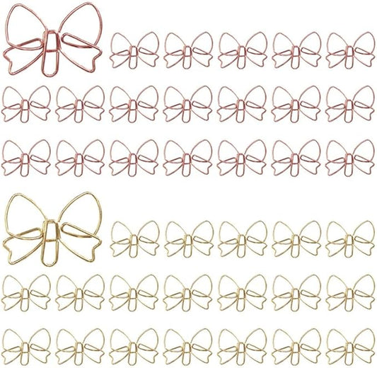 OWLFAVO Bowknot Shape 40pcs Paper Clips with Clear Box, Rose Gold and Yellow Gold, Funny Cute Paperclips Bookmarks Planner Clips for Fun Office Supplies School Gifts Wedding Decoration