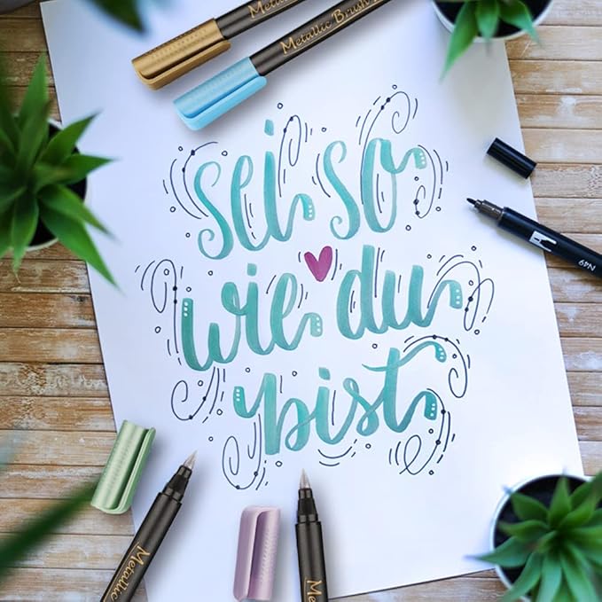 Dyvicl Metallic Brush Marker Pens - Metallic Pens Art Markers for Calligraphy, Brush Lettering, Black Paper, Rock Painting, Card Making, Scrapbooking, Fabric, Metal, Ceramic, Wine Glass, Set of 9