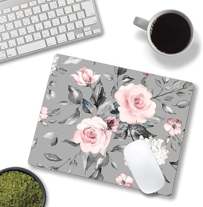 Mouse Pad, Gray Pink Roses Floral Flower Leaves Mouse Pad Rectangle Custom Designs, Waterproof Anti-Slip Rubber Mousepad Office Accessories Desk Decor Wireless Mouse Pads for Computers Laptop