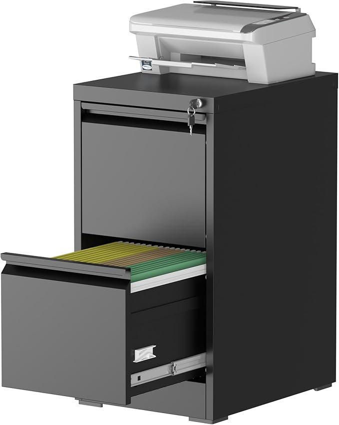 2 Drawer File Cabinet with Lock, Steel Vertical Filing Storage Cabinet for Home Office, Heavy-Duty File Cabinets for Letters/Legal/A4 (Require Assembly, Black)