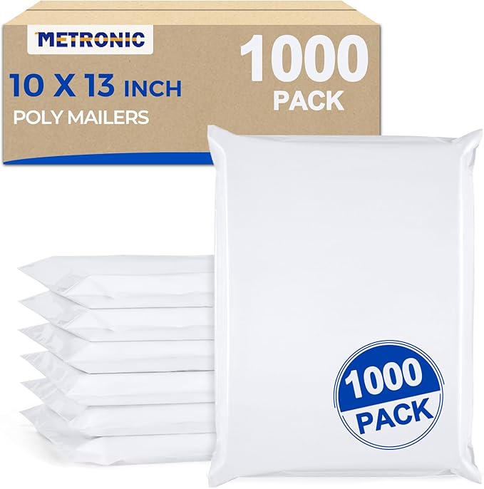 Metronic Poly Mailers 10X13 1000 Pack, Strong Adhesive Shipping Envelopes for Clothing, Medium Shipping Bags for Small Businesses, Waterproof Mailers Poly Bags (White, 10x13 1000PC)