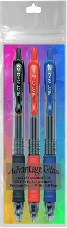 G2 Retractable Premium Gel Ink Roller Ball Pens Fine Point Fine Point (.7mm) Black/Blue/Red Ink 3-pk; Refillable & Premium Comfort Grip Bundle with Plastic Reusable Pouch