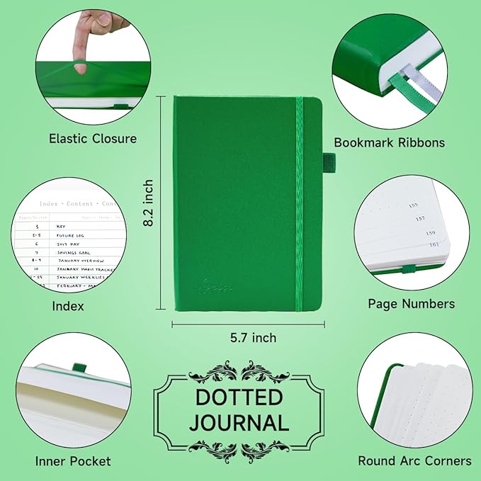 feela Dotted Journal Kit, Dot Grid Journal Hardcover Planner Notebook Set For Beginners Women Girls Note Taking with Journaling Supplies Stencils Stickers Pens Accessories, A5, 224 Pages, Green