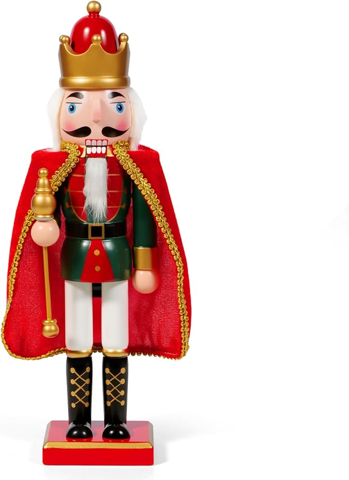 Nutcracker Christmas Decor, 14" Wooden Nutcracker Soldier Christmas Decoration Home Mantle Table Fireplace Christmas Ornaments for Festival Party (14" Red Fur Coat Staff Nutcracker)