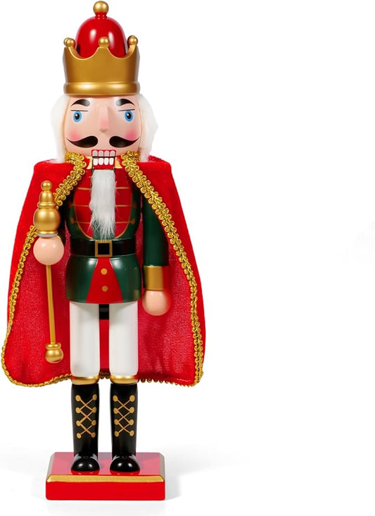 Nutcracker Christmas Decor, 14" Wooden Nutcracker Soldier Christmas Decoration Home Mantle Table Fireplace Christmas Ornaments for Festival Party (14" Red Fur Coat Staff Nutcracker)