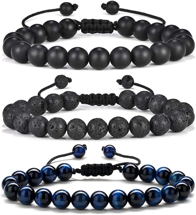 M MOOHAM Natural Stone Bracelets for Men - 8mm Tiger Eye | Matte Agate | Lava Rock Bracelets for Men Teen Boys Gifts Birthday Anniversary Christmas Gifts for Men Teens