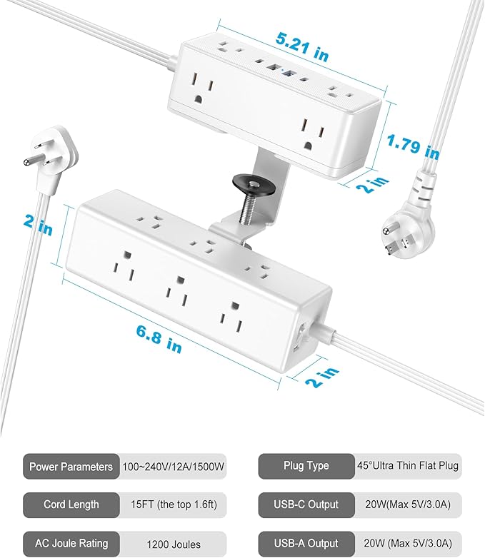 Dual Layer Desk Clamp Power Strip, 19 in 1 Desktop Edge Mount Surge Protector with 4 USB Ports(2 USB-C) & 15 AC Outlets, Ultra Thin Flat Plug & 15FT Power Cord for Office Home(ETL Listed)