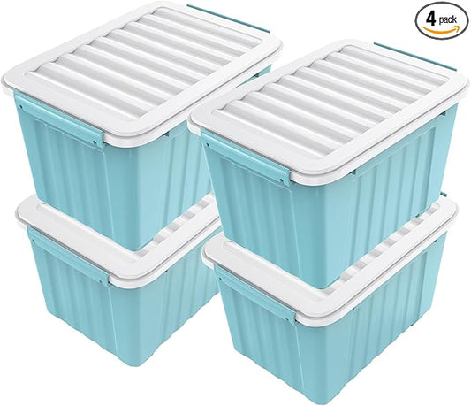 Nazhura 72 Quart Plastic Storage Bin, Stackable and Nestable Storage Boxes with Lids and Secure Latching Buckles, Large Storage Container (Blue, 72Quart-4Pack)