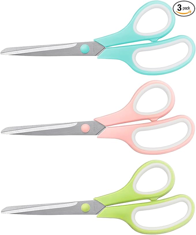 Scissors 8.5 Inch scissors all purpose Bulk Set of 3, Scissors for Office Home School Craft Supplies, Soft Comfort-Grip Right/Left Hand, Viridian, Vivid Green, Pink