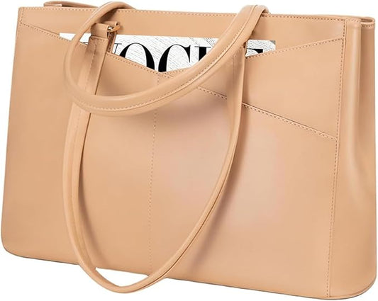 LOVEVOOK Laptop Bag for Women 15.6 Inch Tote Bags Waterproof Leather Briefcase Computer Women Business Office Work Bag,Light Khaki