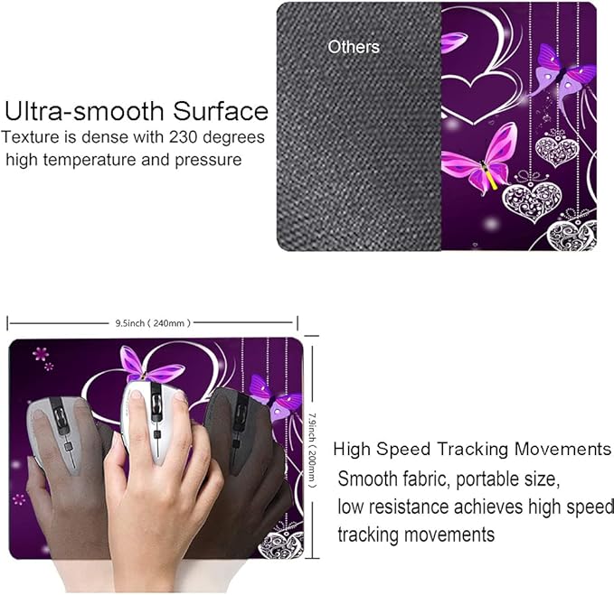 Mouse Pad, Premium-Textured Mouse Mat, Non-Slip Rubber Base Mousepad for Laptop, Computer & PC,9.5×7.9 in, Purple Heart Butterfly