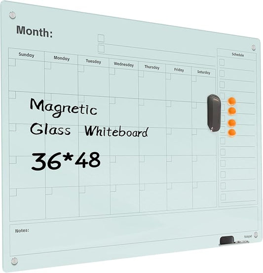 Magnetic Glass Dry Erase Board Calendar- White Board 48 x 36 Inch Wall Mounted Monthly Whiteboard, Large Frameless Glass White Board for Wall Office, Home & School