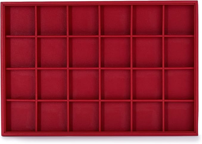 Oirlv Gorgeous Red Leather 24 Gird Jewelry Tray Stackable Jewelry Drawer Organizer Rings Earrings Organizer Storage