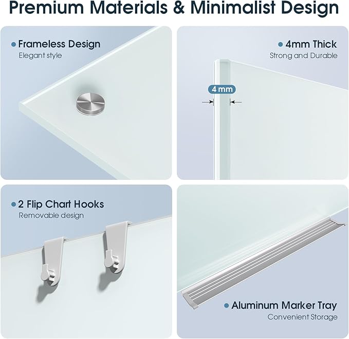 MaxGear Glass White Board 36x24 Inches, Wall Mounted Magnetic Glass Dry Erase Board, Large Frameless Whiteboard with 1 Eraser,3 Markers and 6 Magnets for Office, School, Home