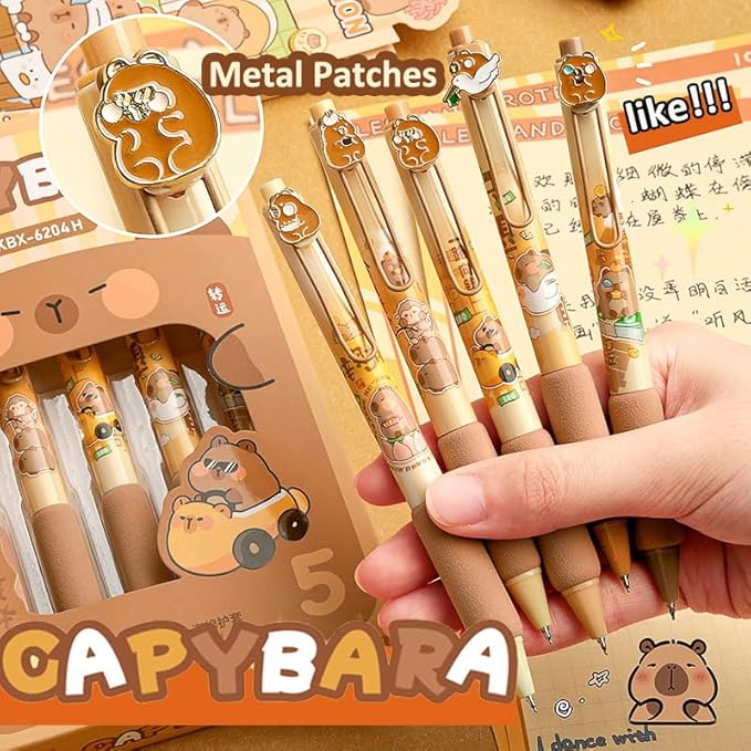Cute Capybara Gel Pens 5Pcs Retractable Quick Dry Ink Pens 0.5mm Fine Point Black Ink Kawaii Smooth Writing Pens for School Office Supplies Aesthetic Pretty Fun Pens (Capybara)