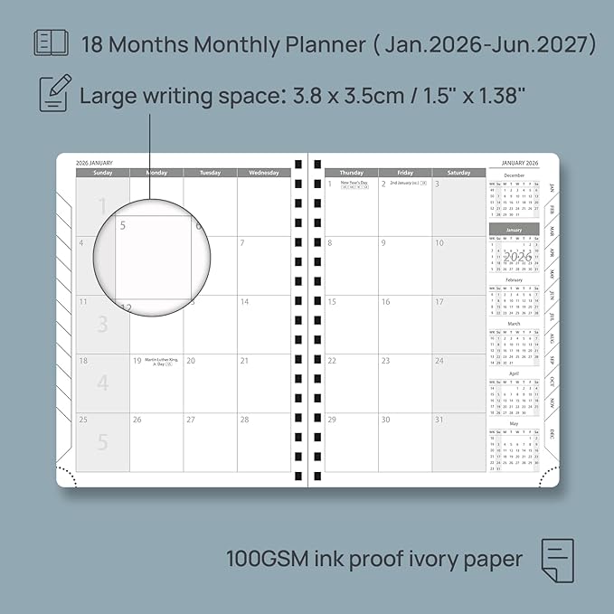 POPRUN Monthly Planner 2026-2027 (Medium 6.5" x 8.5") 18 Months Calendar (Jan 2026 - Jun 2027) - 4 Pages per Month with Expense & Notes, Stair-like tabs, Leather Cover, Sunday Starts - Pacific Green