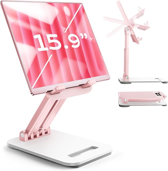LISEN Pink Desk Accessories for iPad Office Supplies Desk Decor for Women, for Him Tablet Stand Vanity Accessories Video Zomming Face Time Free Hands