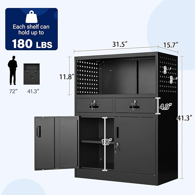 Yizosh Metal Storage Cabinet with 2 Drawers and Locking Doors,- 41.3" Steel Lockable Storage Cabinet with Shelves for Home Office,Garage,School (Black)