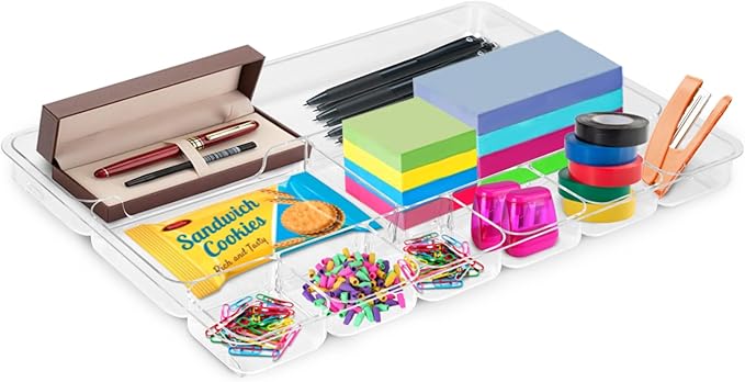 Manaloom Desk Drawer Organizer Tray with 9 Storage Compartments - For Home and Office - Drawer Organizers Office, Perfect Organizing Pens, Pencils, Paper Clips, Sticky Notes - Clear - 2 Pack