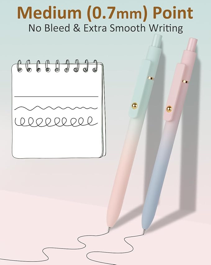 FIOVER Gel Pens, 6 Pcs 0.7mm Comfort Grip Quick Dry Black Ink Pens Fine Point Smooth Writing Pens, Cute Office Back to School Supplies Gifts for Women (12PCS Gradient Black Ink)