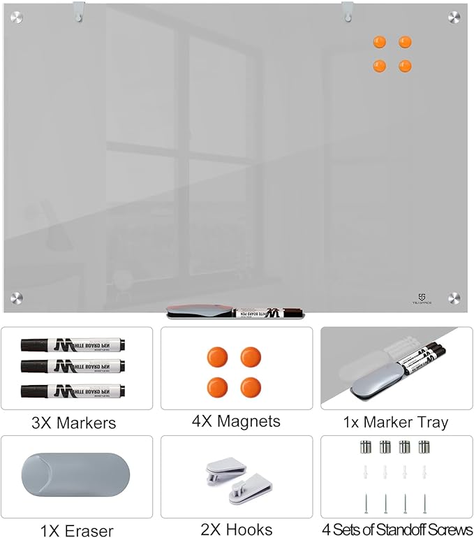 TSJ OFFICE Glass Dry-Erase Board - 36 x 24 Inches Wall Mounted Magnetic Whiteboard, Large Frameless Glass White Board for Office, Home & School, Gray