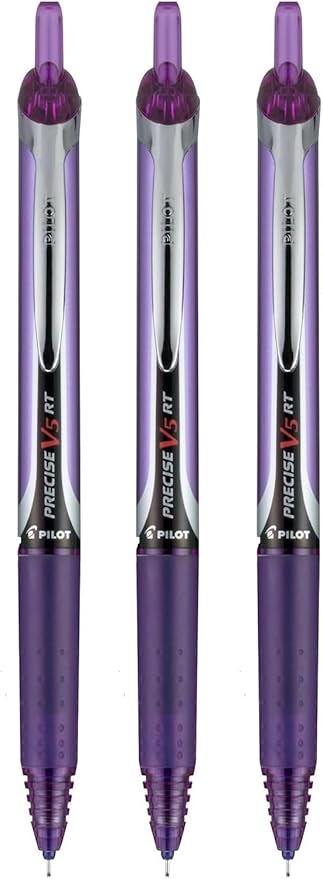 Precise V5 RT Retractable Rolling Ball Pens, Extra Fine Point (.5mm), Purple Ink, 3-pk; Premium Comfort Grip, Bundle with Plastic Reusable Pouch